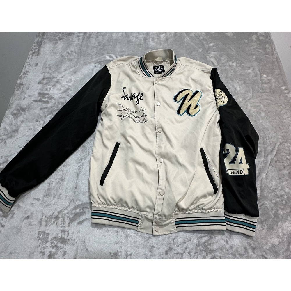 Seven Souls Jacket Varsity Men's‎ Size Large White Black Patched 24 Legend EUC